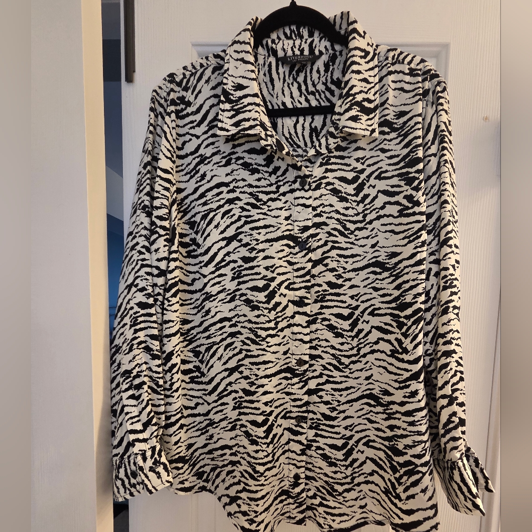 Liverpool Black And White Zebra Print Button-Up Blouse